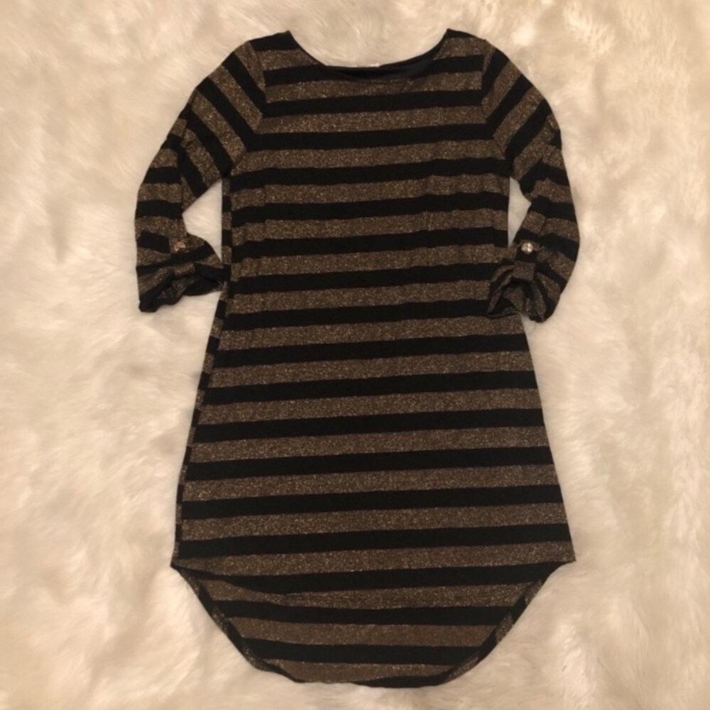 Everly ¾ Sleeve Gold & Black Striped Dress Small